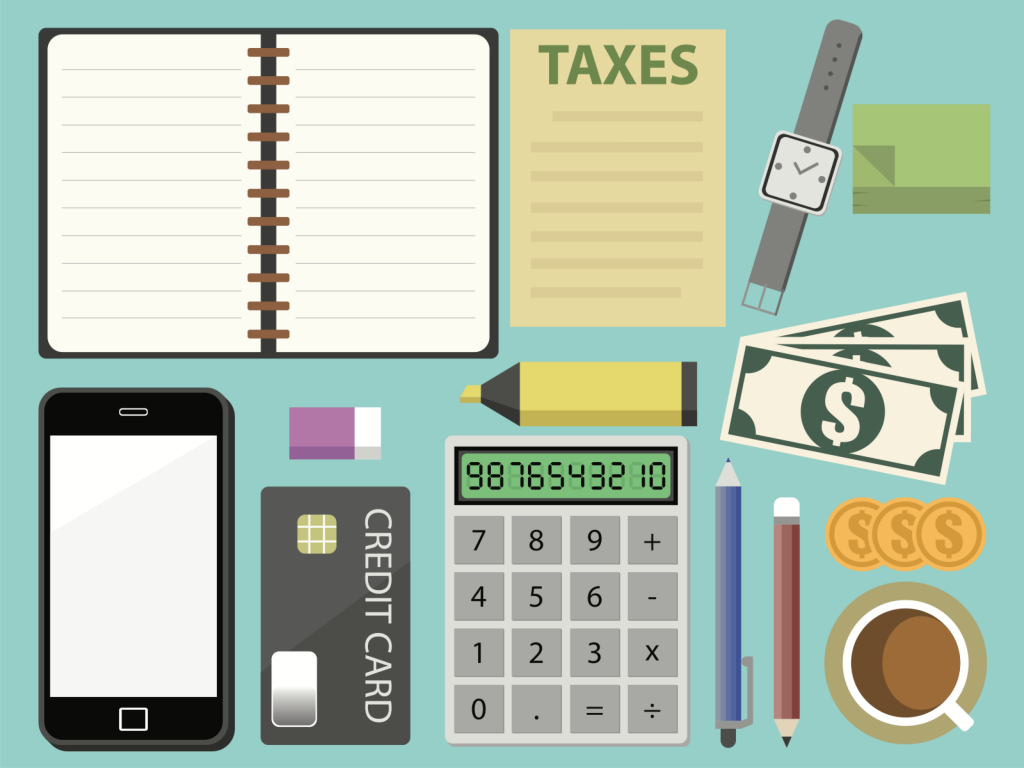 Bookkeeping business illustration of busy desk.