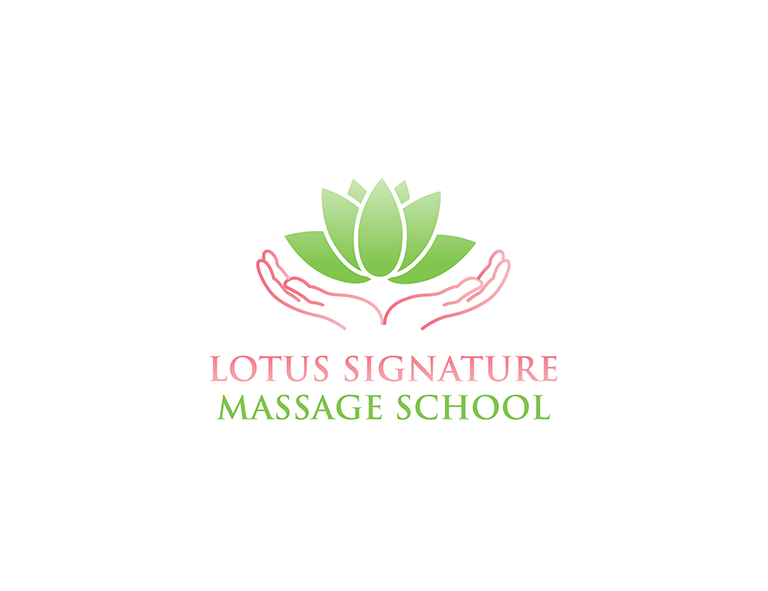 Lotus Signature Massage School Logo - Green and Pink Text and Symbol, White Background