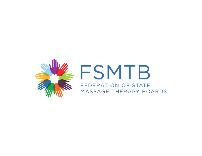 Federation of State Massage Therapy Boards FSMTB - Massage Logo - Blue Text, Rainbow Symbol, White Background