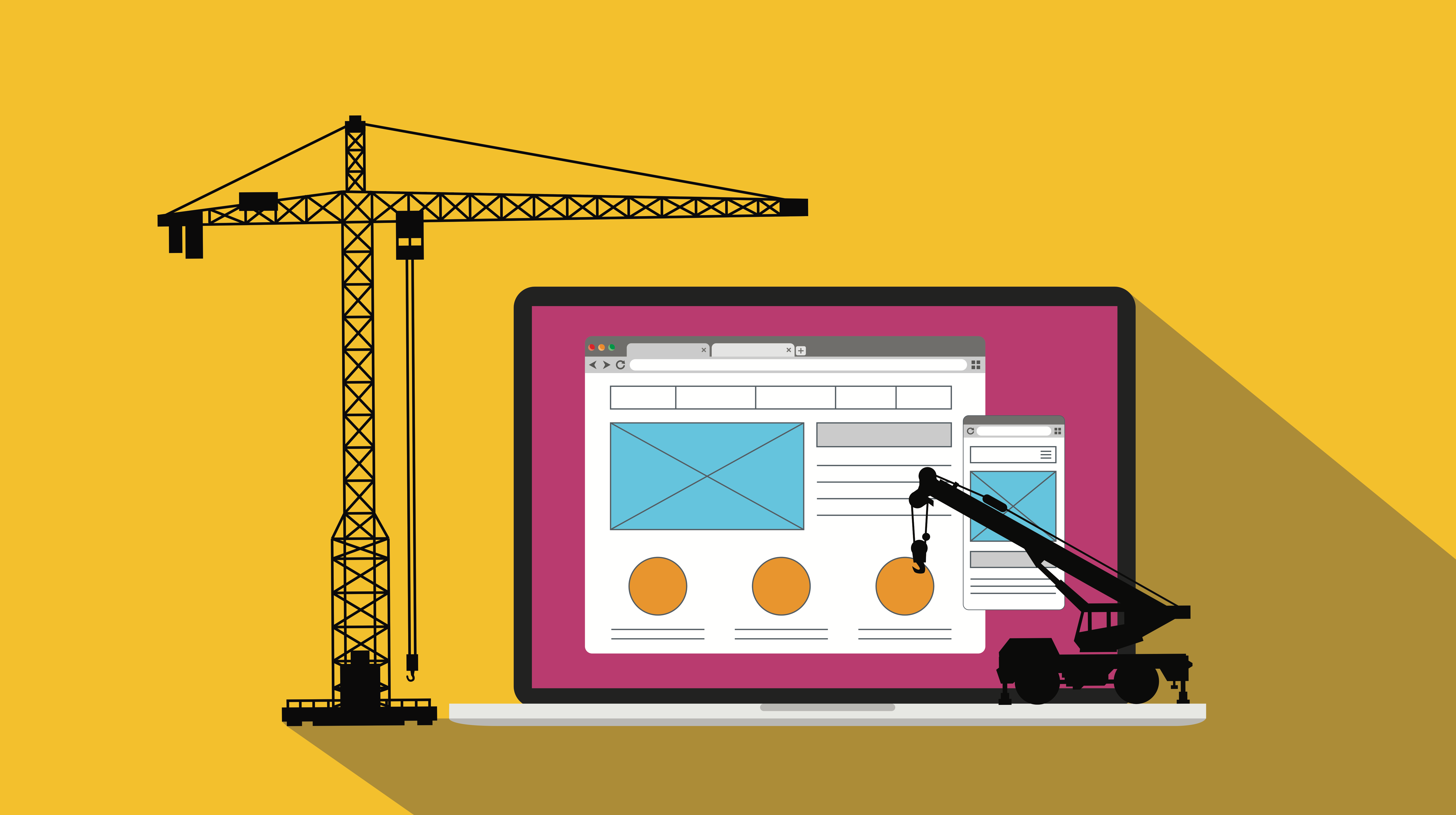 Illustration website on laptop with construction machinery