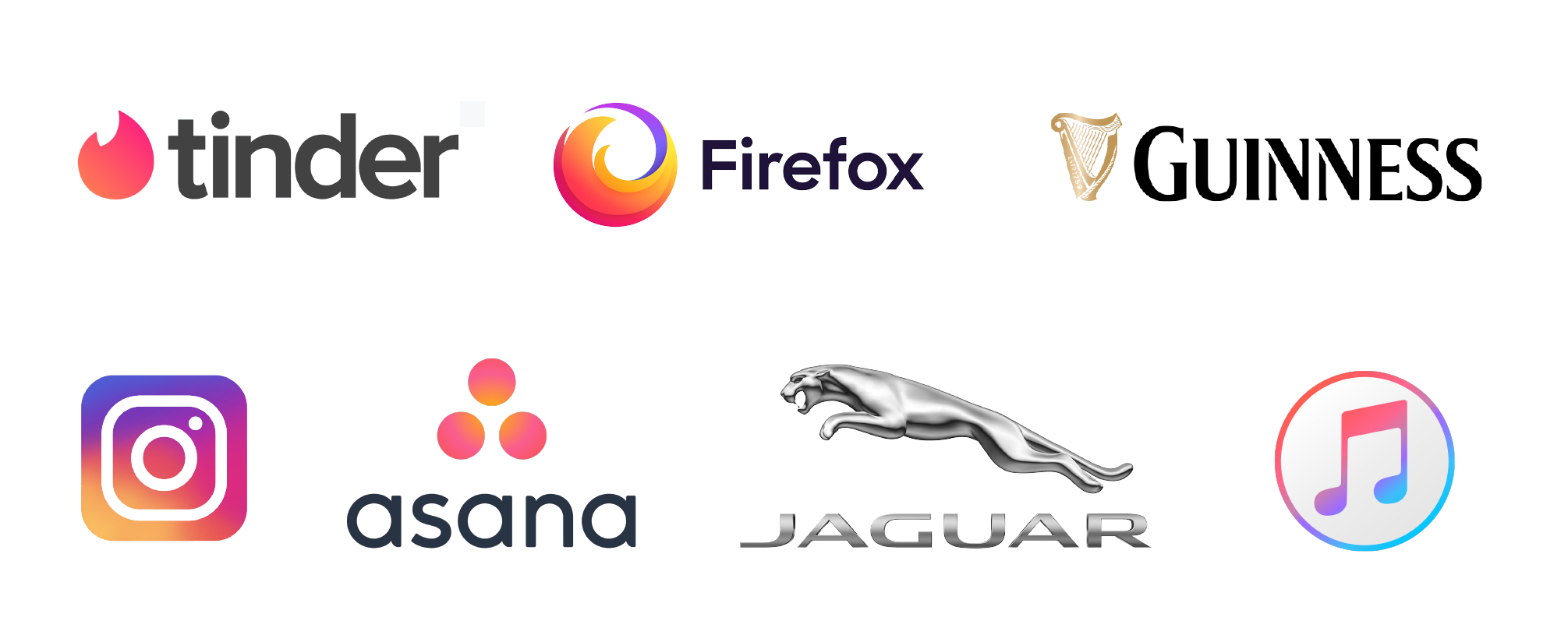 Brands with gradient logos: Tinder, Firefox, Guinness, Instagram, Asana, Jaguar and iTunes.