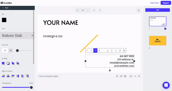 editing business card design on Looka