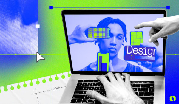Graphic design terms header, a male model on a laptop with a male model and the word "design" on the screen