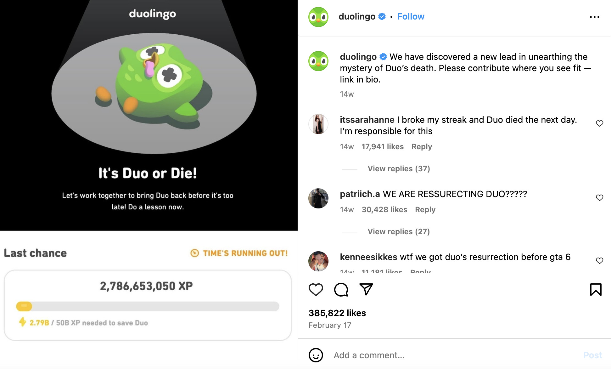 Duolingo instagram branding example