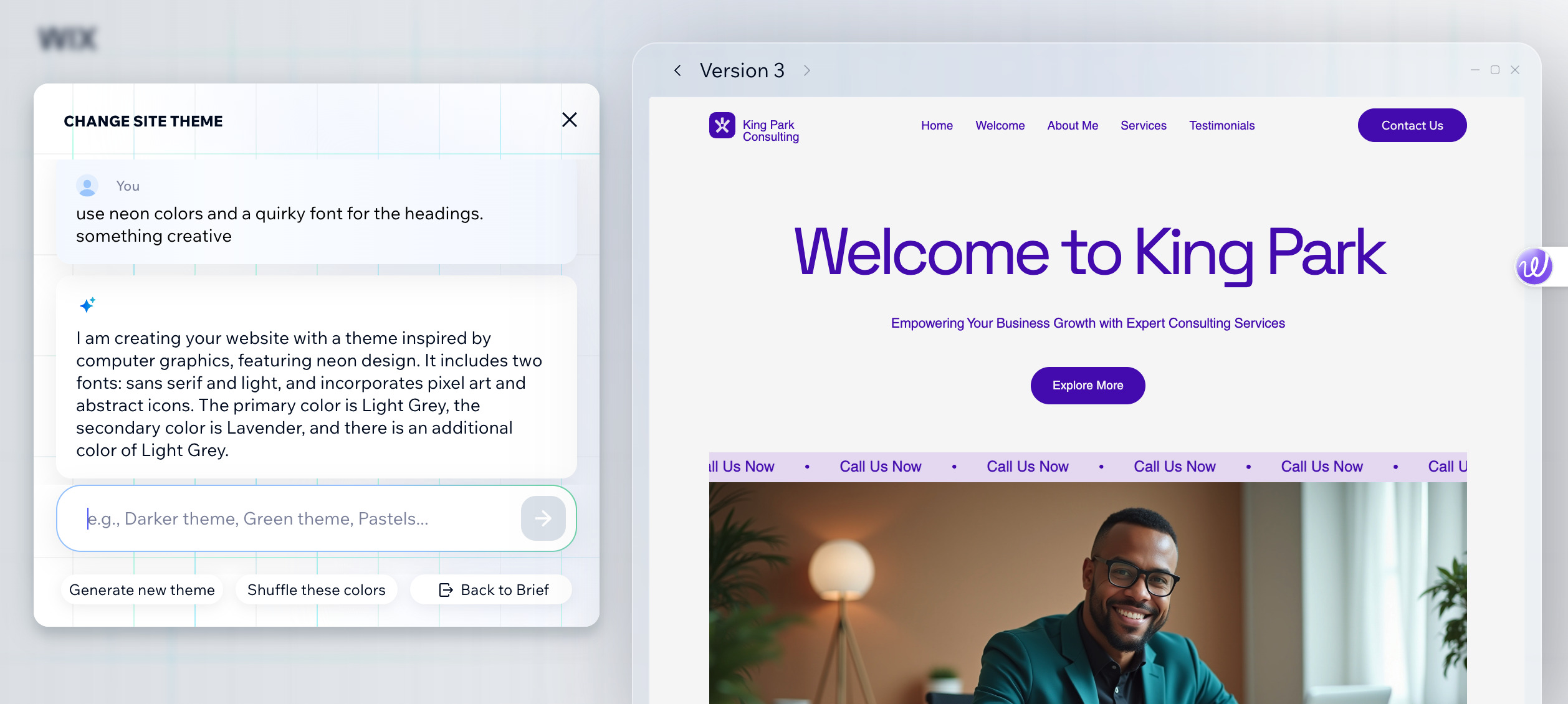 Wix AI website builder process and prompts