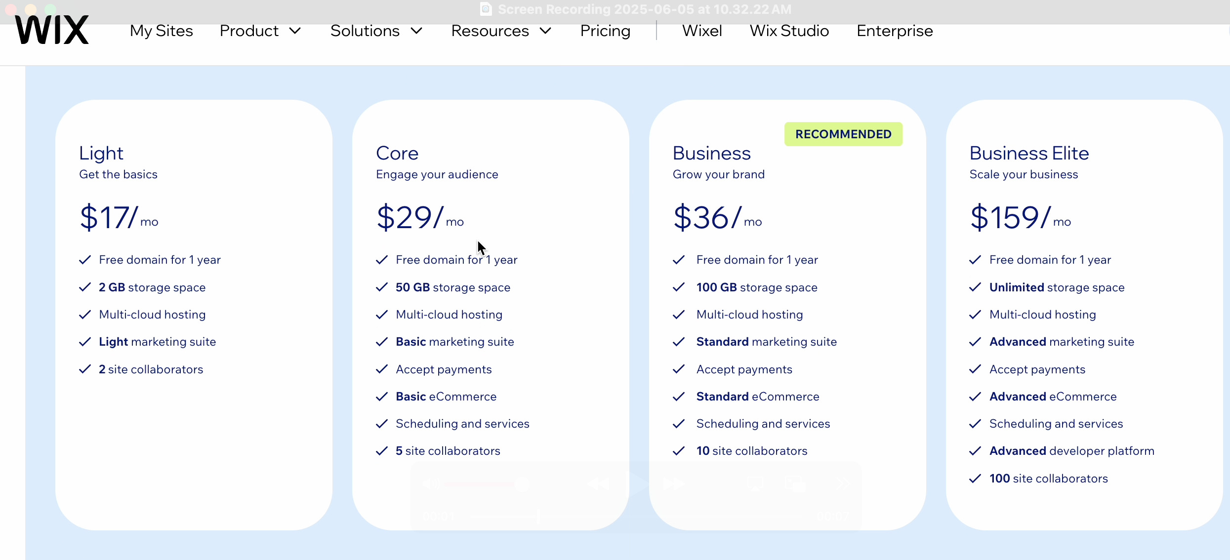 Wix website pricing