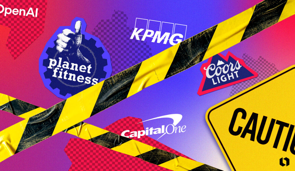 bad logos collaged on a canvas with caution tape surrounding them